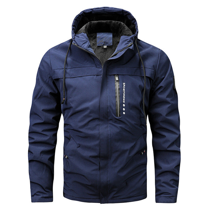 Men’s windproof softshell jacket with adjustable hood and fleece lining