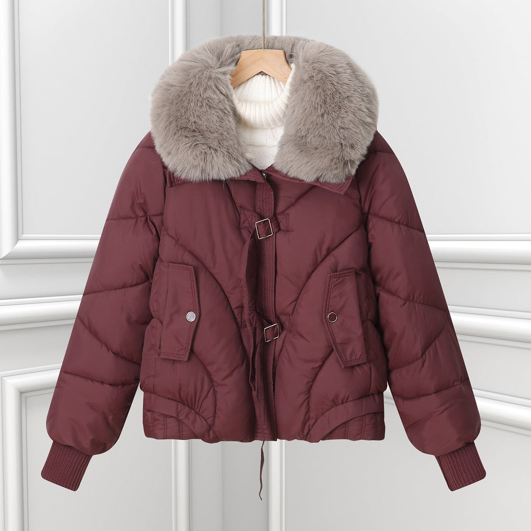 Women's short pilot jacket with a voluminous shawl collar and drawstring hem