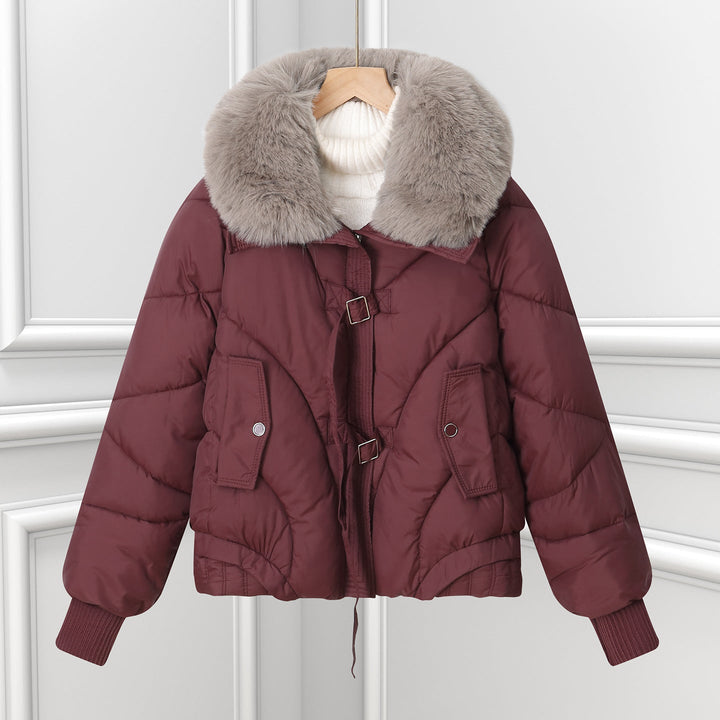 Women's short pilot jacket with a voluminous shawl collar and drawstring hem