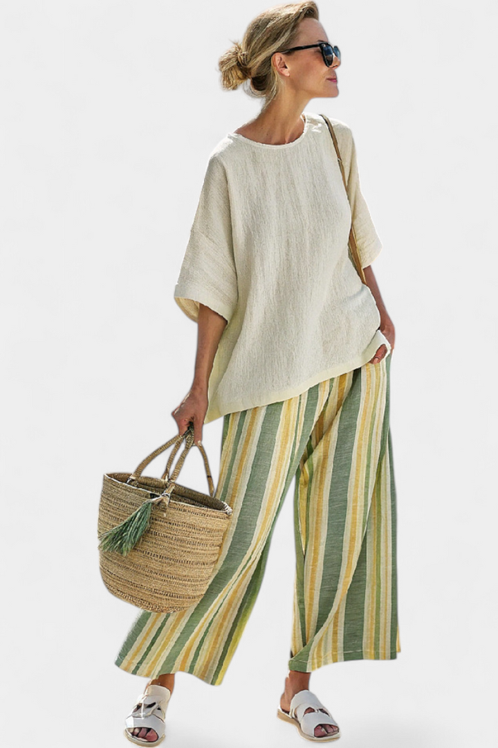 Caterina - elegant top and striped linen trousers