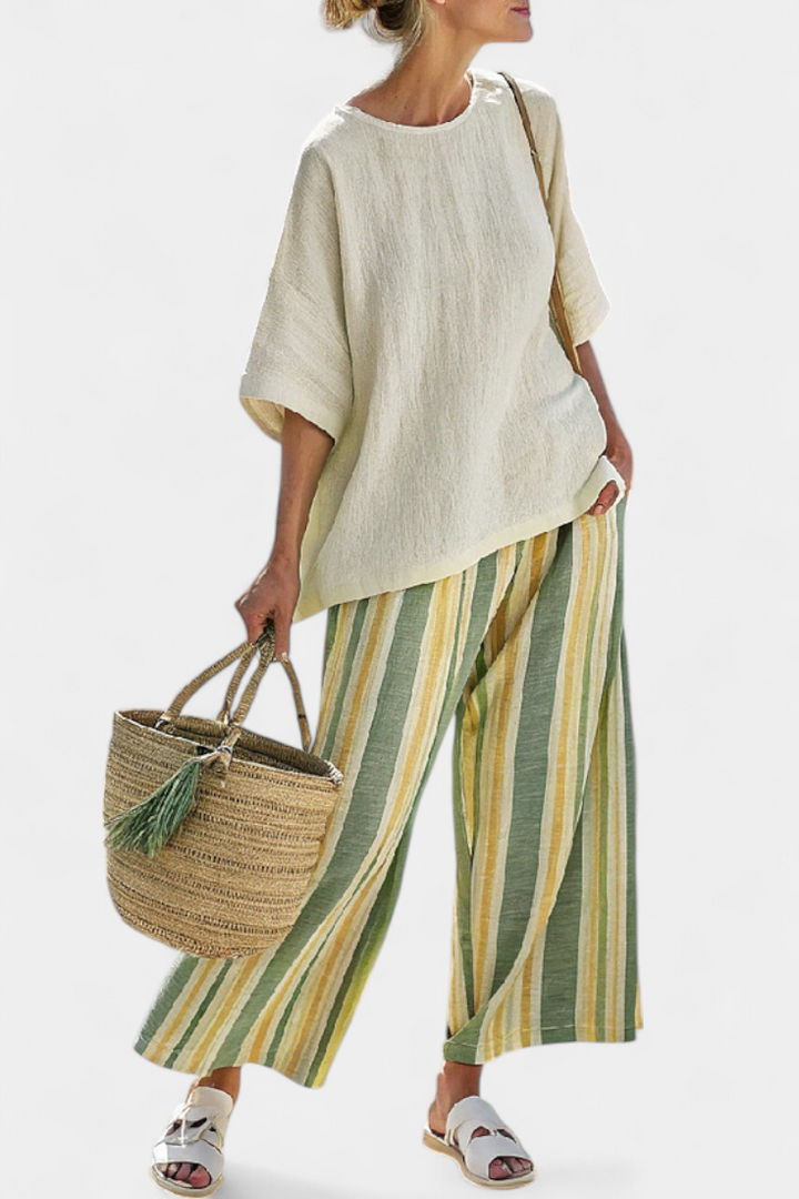 Caterina - elegant top and striped linen trousers