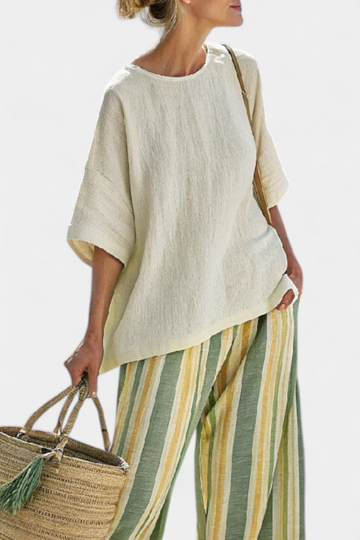 Caterina - elegant top and striped linen trousers