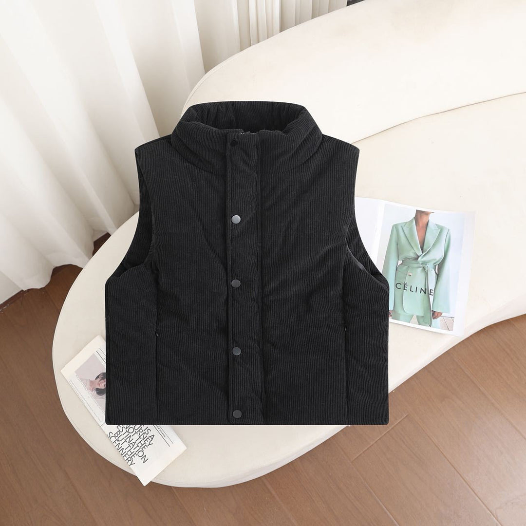 Women's short insulated vest with a high stand-up collar and snap-button placket