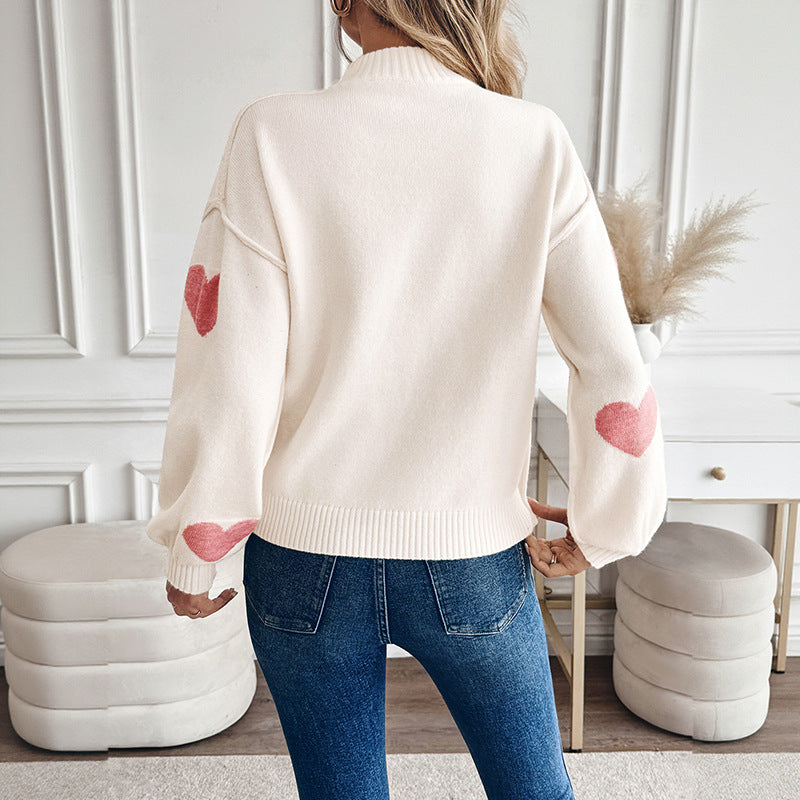 Women's sweater with heart intarsia and stand-up collar