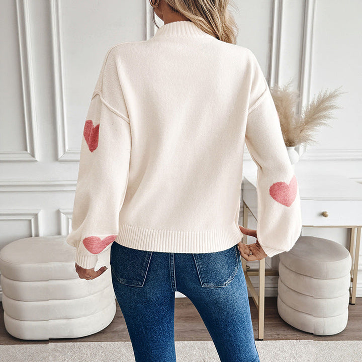 Women's sweater with heart intarsia and stand-up collar
