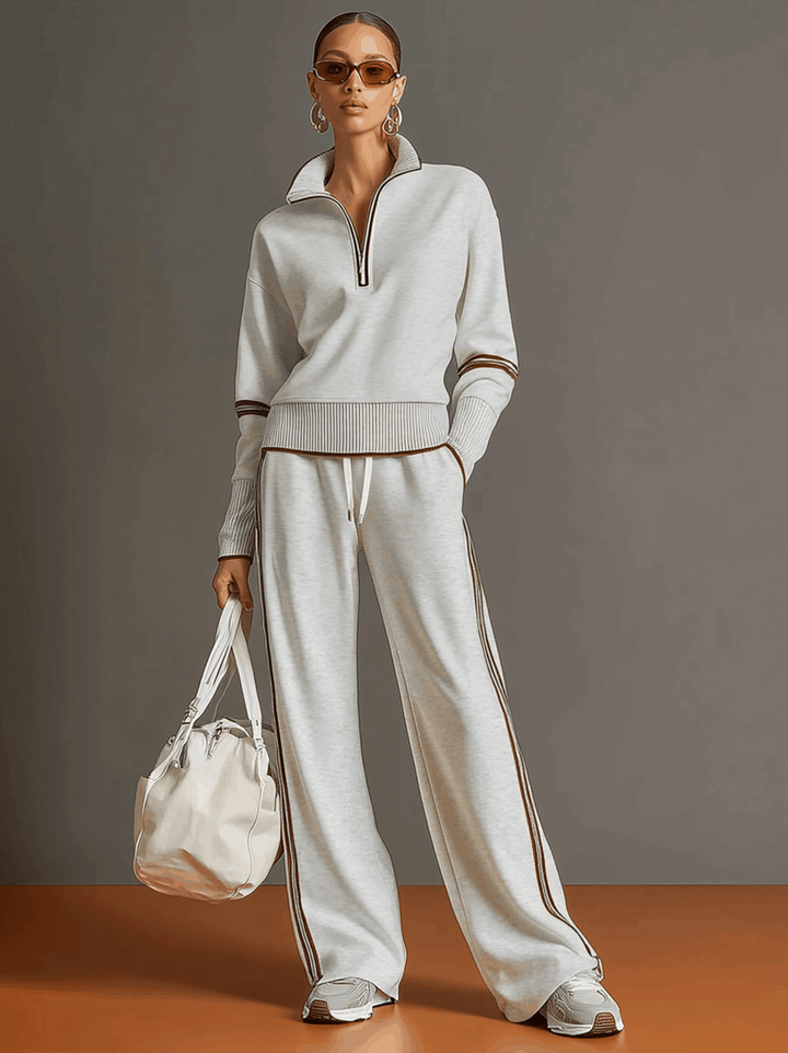 Vintage-Inspired Gray and White Half-Zip Sweatshirt with Wide-Leg Pants Set