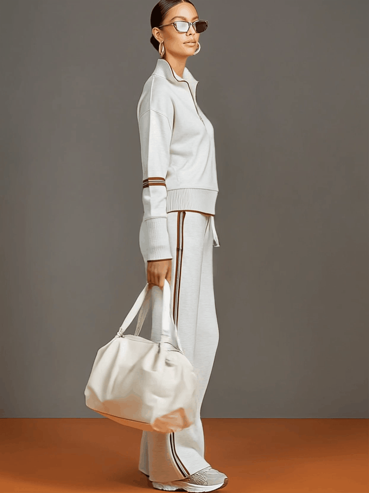 Vintage-Inspired Gray and White Half-Zip Sweatshirt with Wide-Leg Pants Set