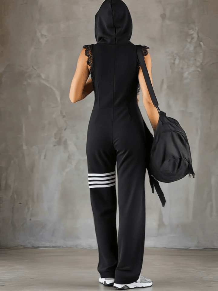 Retro-inspired black sleeveless hooded jumpsuit with sporty lace-up stripes