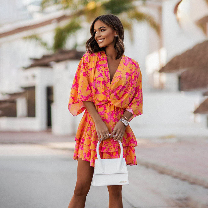 Lola | Women's V-Neck Floral Ruffle Mini Dress