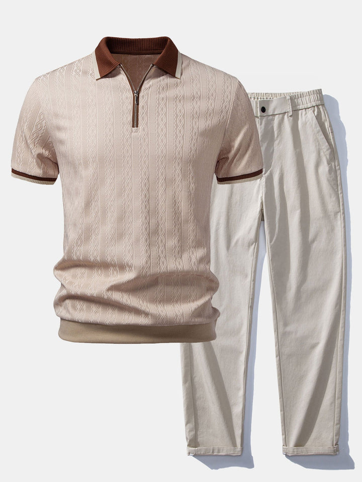 Herren Kurzarm Zip Polo & Elastischer Bund Gerade-Hosen Set