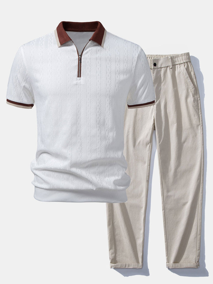 Herren Kurzarm Zip Polo & Elastischer Bund Gerade-Hosen Set