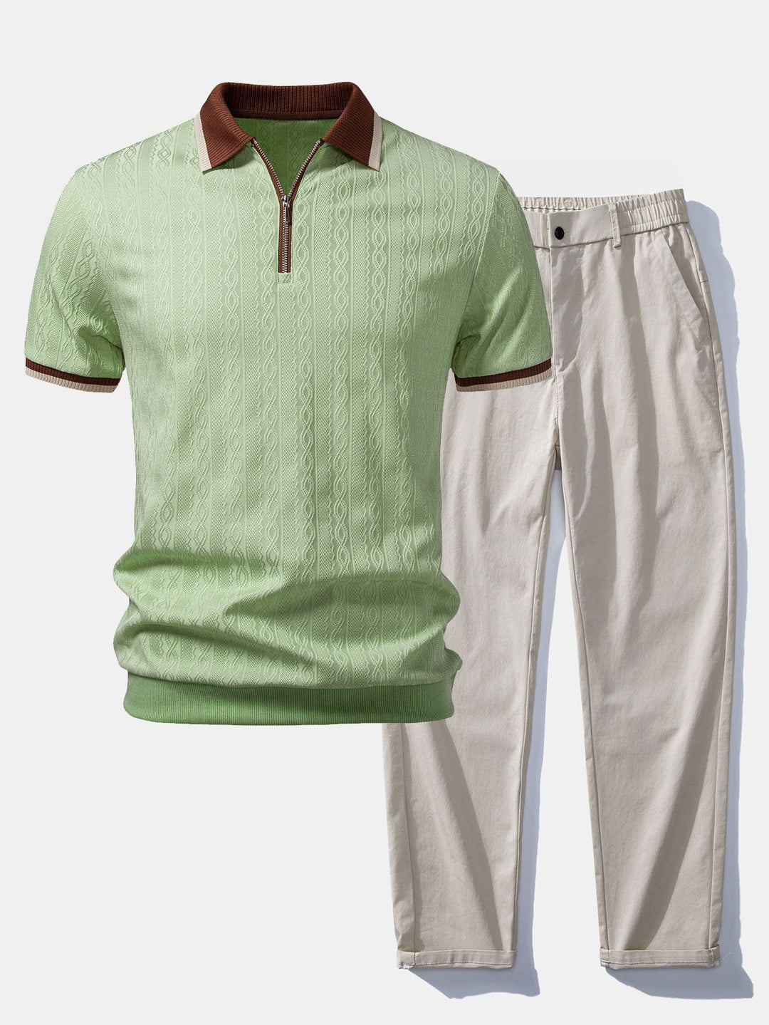 Herren Kurzarm Zip Polo & Elastischer Bund Gerade-Hosen Set