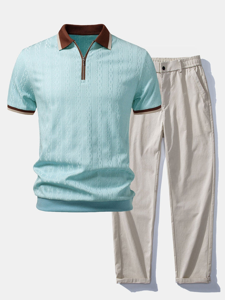 Herren Kurzarm Zip Polo & Elastischer Bund Gerade-Hosen Set