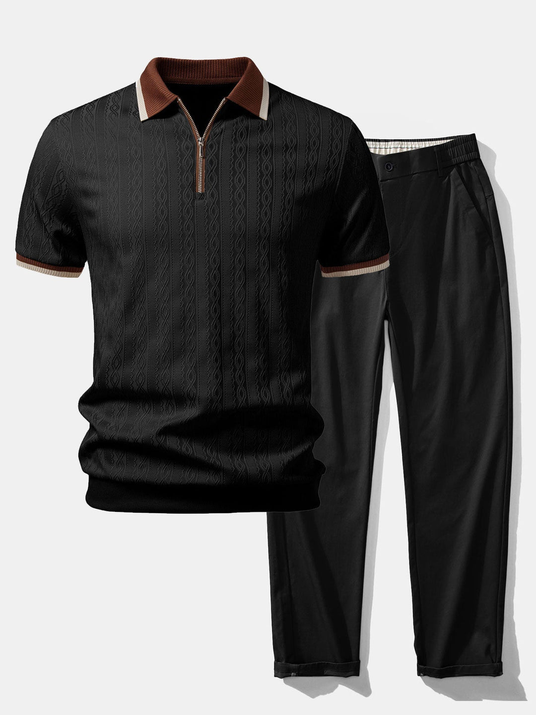 Herren Kurzarm Zip Polo & Elastischer Bund Gerade-Hosen Set