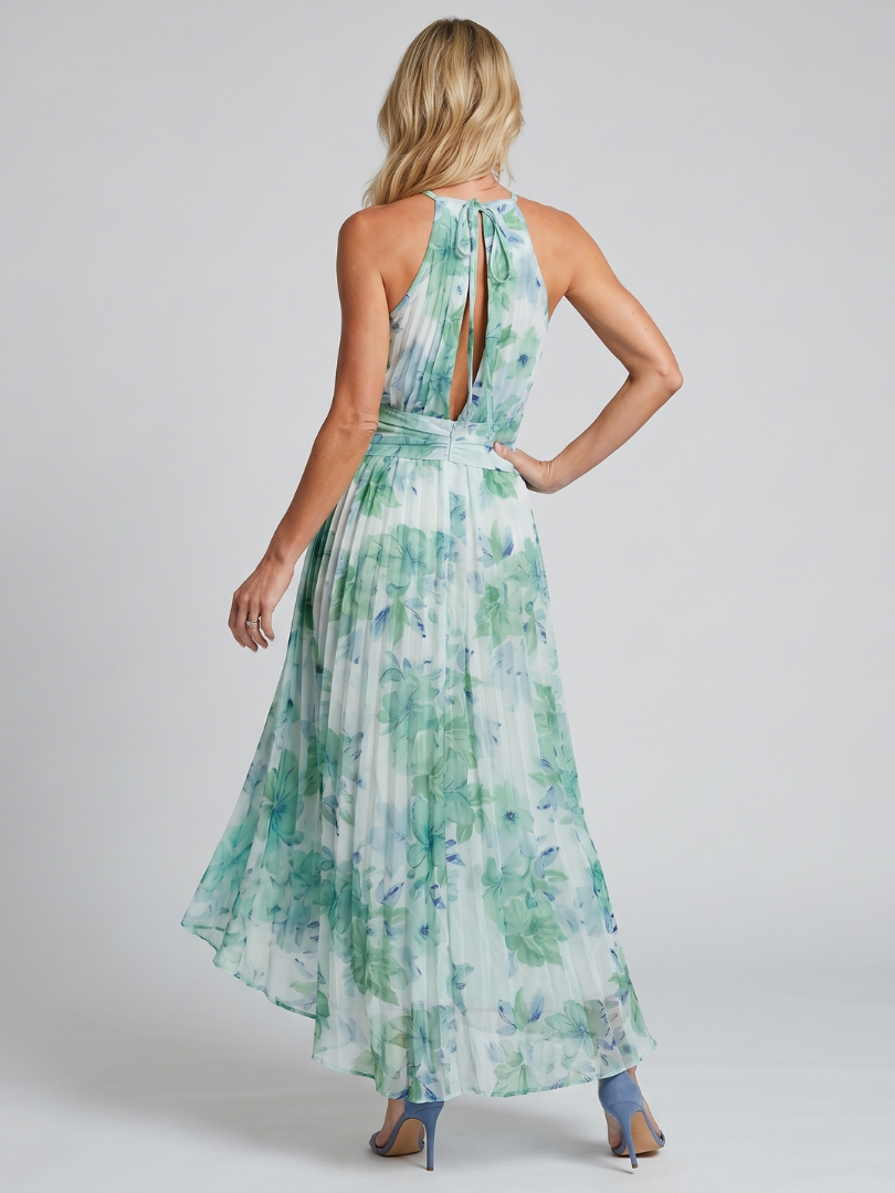 Portia | Pleated Halter Midi Dress with Soft Floral Pattern