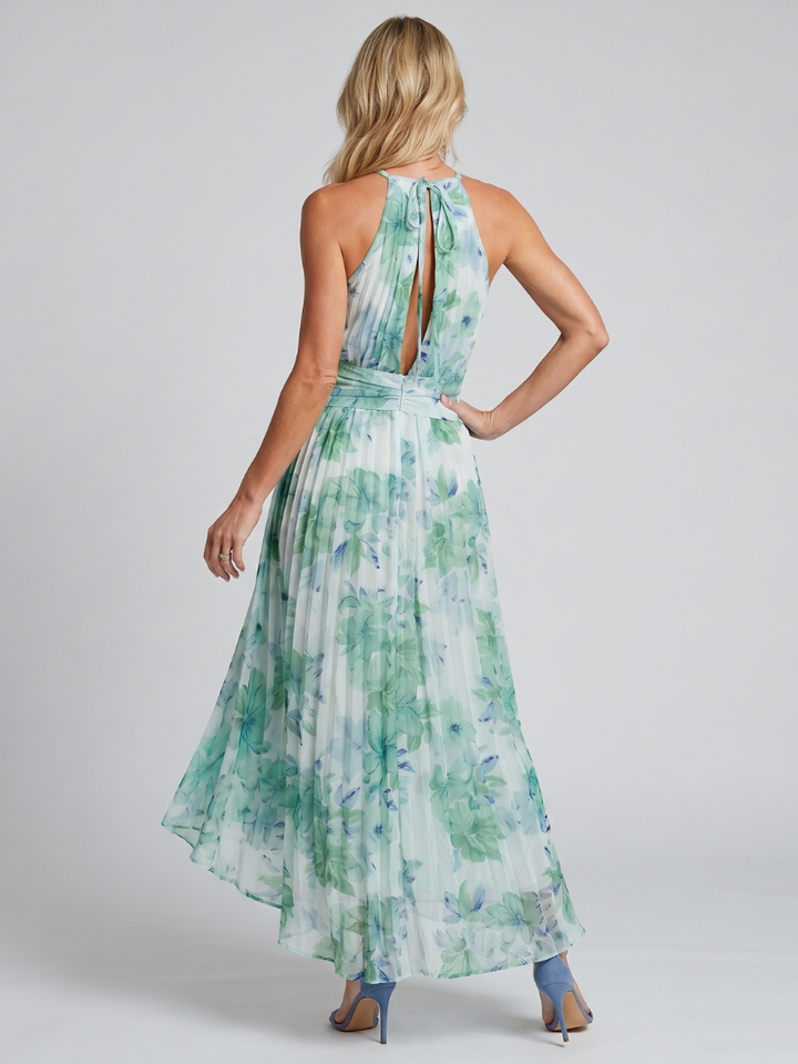 Portia | Pleated Halter Midi Dress with Soft Floral Pattern