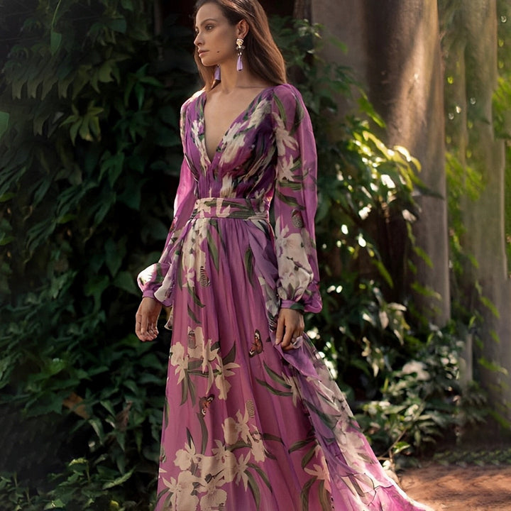 Sancha | Women's Maxi Floral Dress with V-Neck and Long Sleeves