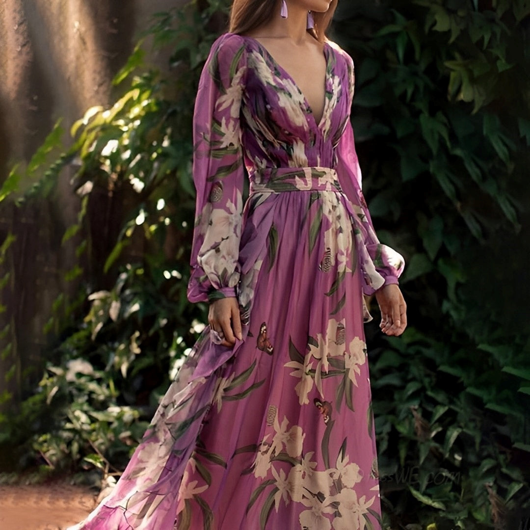 Sancha | Women's Maxi Floral Dress with V-Neck and Long Sleeves