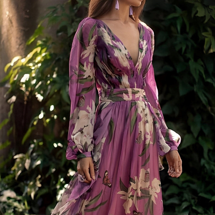 Sancha | Women's Maxi Floral Dress with V-Neck and Long Sleeves