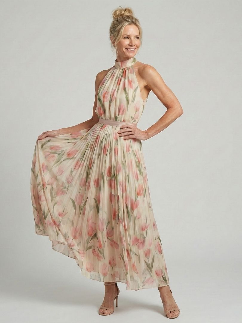 Aurelle | Floral Midi Dress with Halterneck