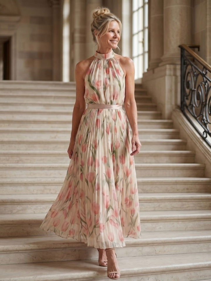 Aurelle | Floral Midi Dress with Halterneck