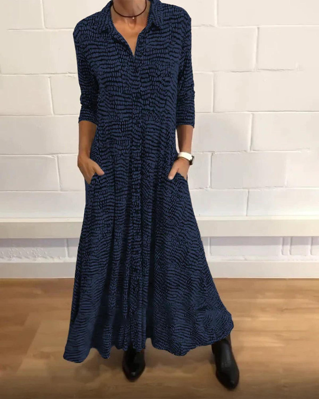 Damen Langarm-Maxi-Kleid mit Taschen
