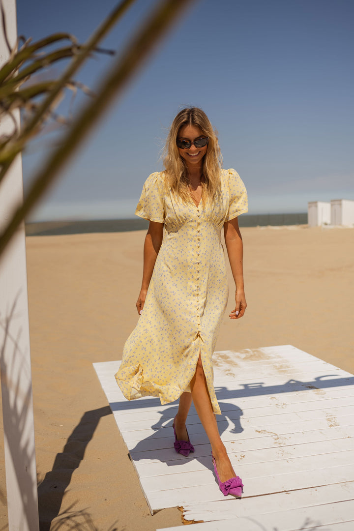 Diana | Damen Blumenkleid Midi mit V-Ausschnitt und kurzen Ärmeln