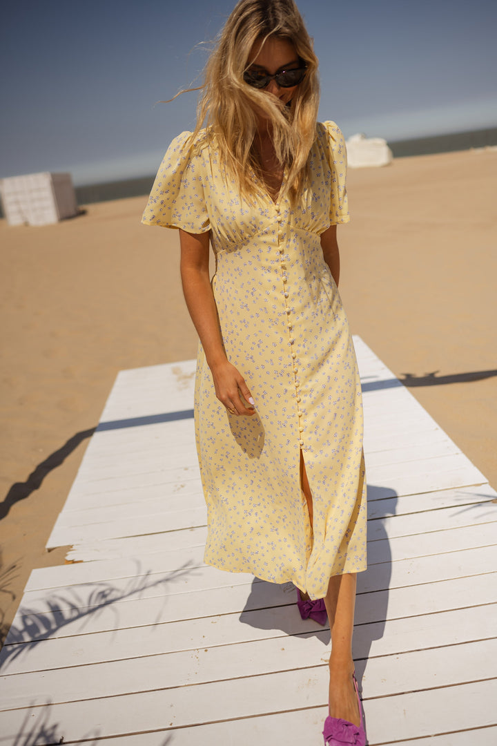 Diana | Damen Blumenkleid Midi mit V-Ausschnitt und kurzen Ärmeln