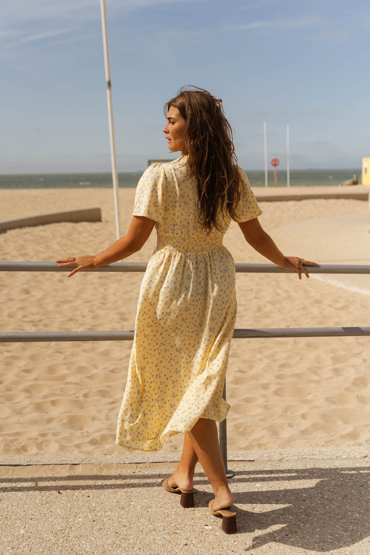 Diana | Damen Blumenkleid Midi mit V-Ausschnitt und kurzen Ärmeln