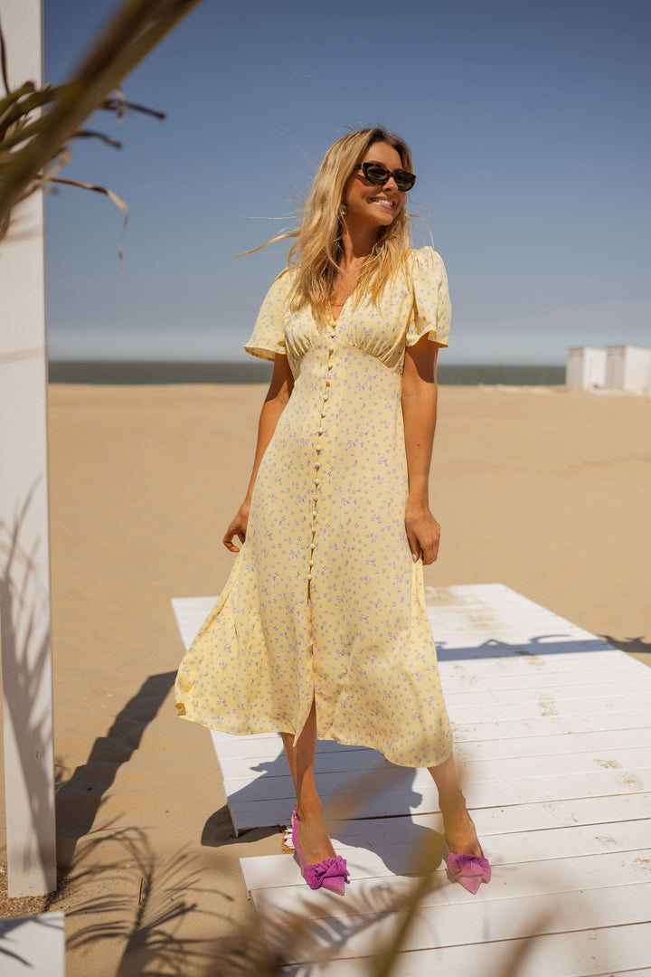 Diana | Damen Blumenkleid Midi mit V-Ausschnitt und kurzen Ärmeln