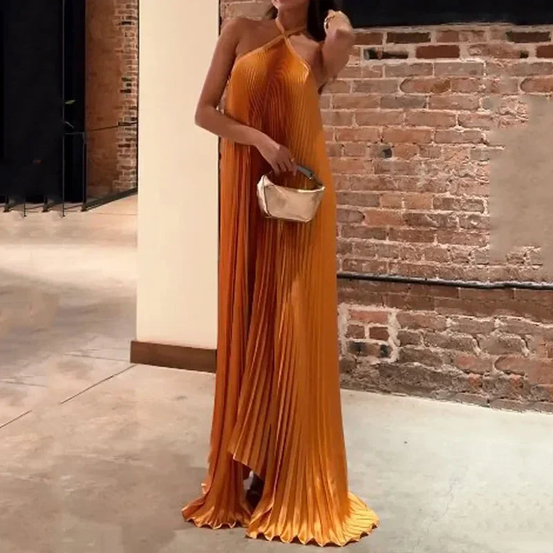 Mira - Chic Pleated Halterneck Maxi Dress