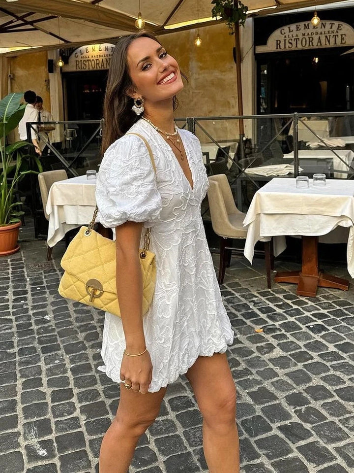 Fay | White Dress with Embroidered Ruffle Details