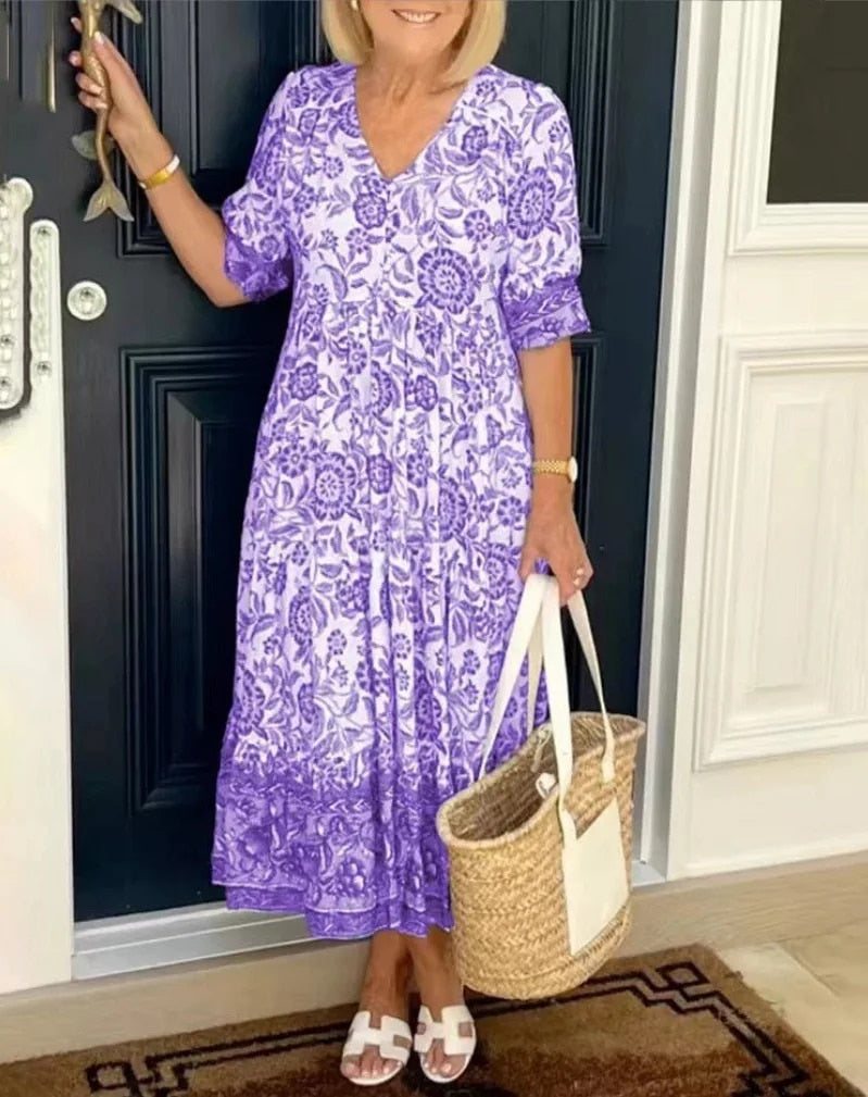 ARIA™ - Elegant V-Neck Floral Dress