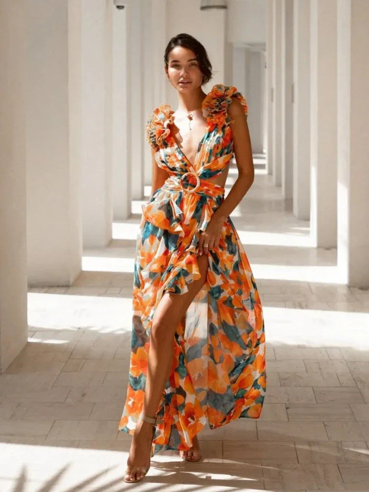 Aurora - Elegant Backless Ruffle Maxi Dress