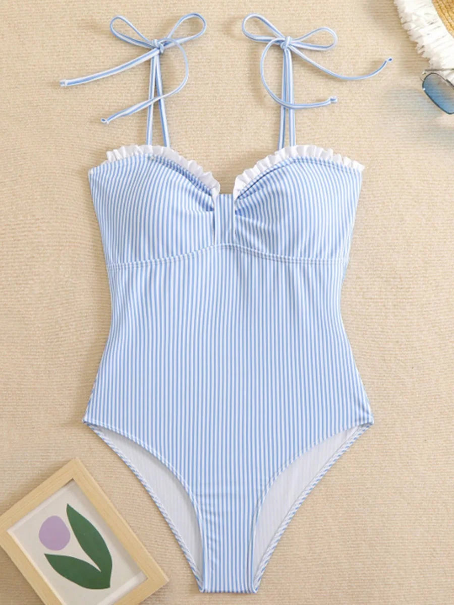 Elena | Women's One-Piece Swimsuit Striped with Ruffle Neckline