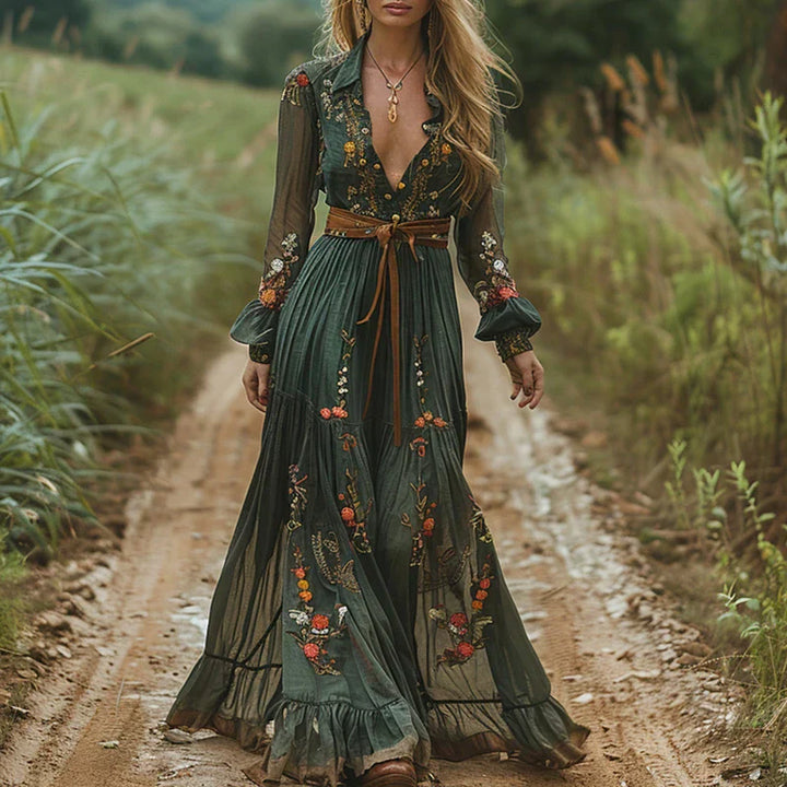 Women's Bohemian Embroidered V-Neck Maxi Dress