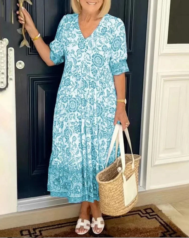ARIA™ - Elegant V-Neck Floral Dress