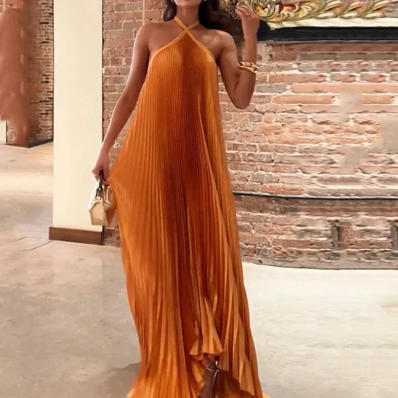 Mira - Chic Pleated Halterneck Maxi Dress