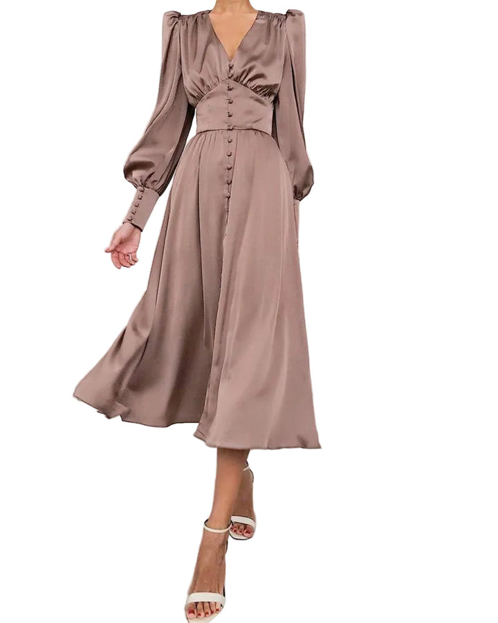 Arya | Women's V-Neck Button-Up Midi Dress