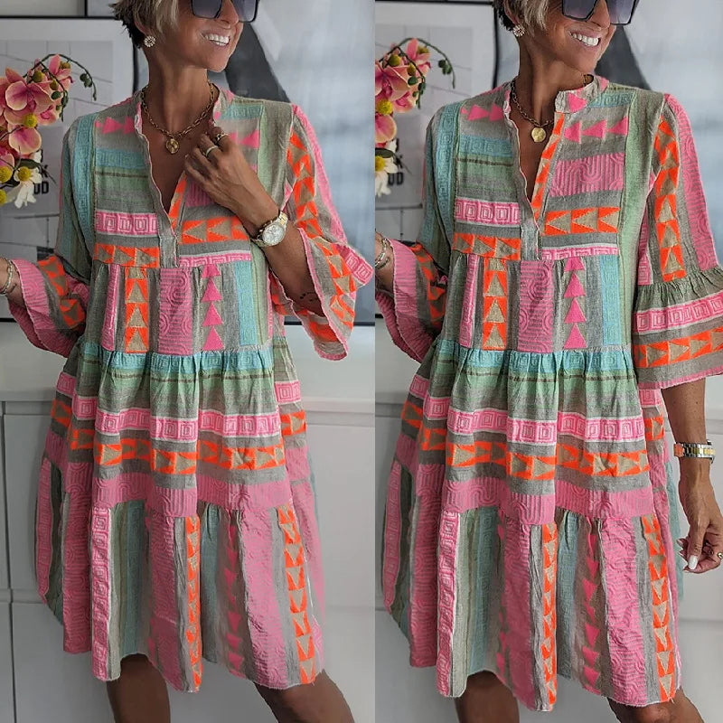 Ava™ - Chic V-neck Summer Dress Made of Cotton and Hemp