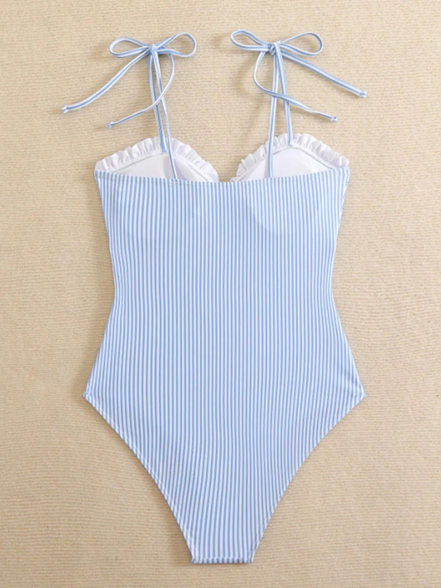 Elena | Women's One-Piece Swimsuit Striped with Ruffle Neckline