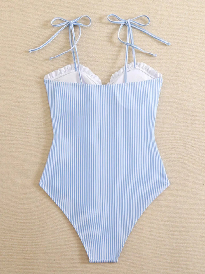 Elena | Women's One-Piece Swimsuit Striped with Ruffle Neckline