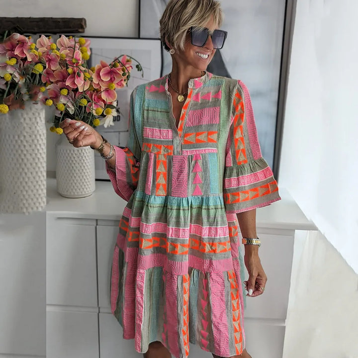 Ava™ - Chic V-neck Summer Dress Made of Cotton and Hemp