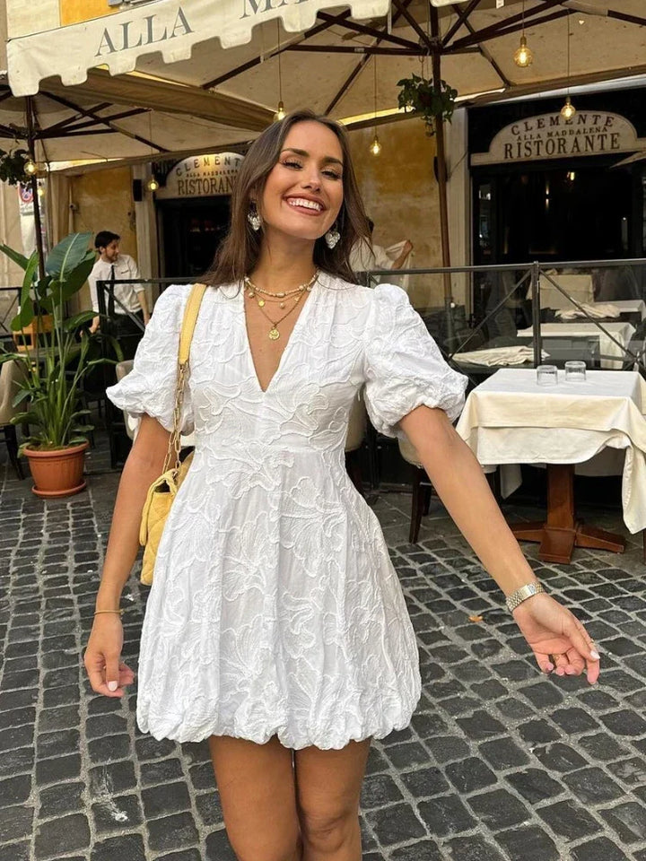 Fay | White Dress with Embroidered Ruffle Details