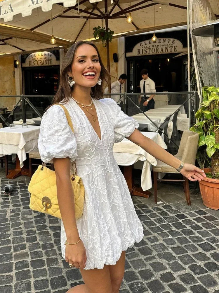 Fay | White Dress with Embroidered Ruffle Details