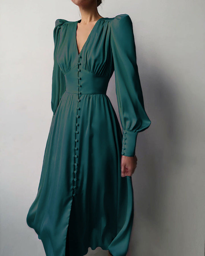 Arya | Women's V-Neck Button-Up Midi Dress