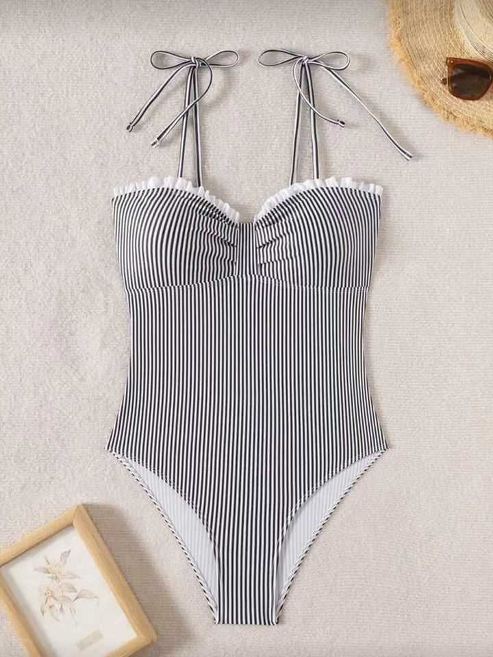 Elena | Women's One-Piece Swimsuit Striped with Ruffle Neckline