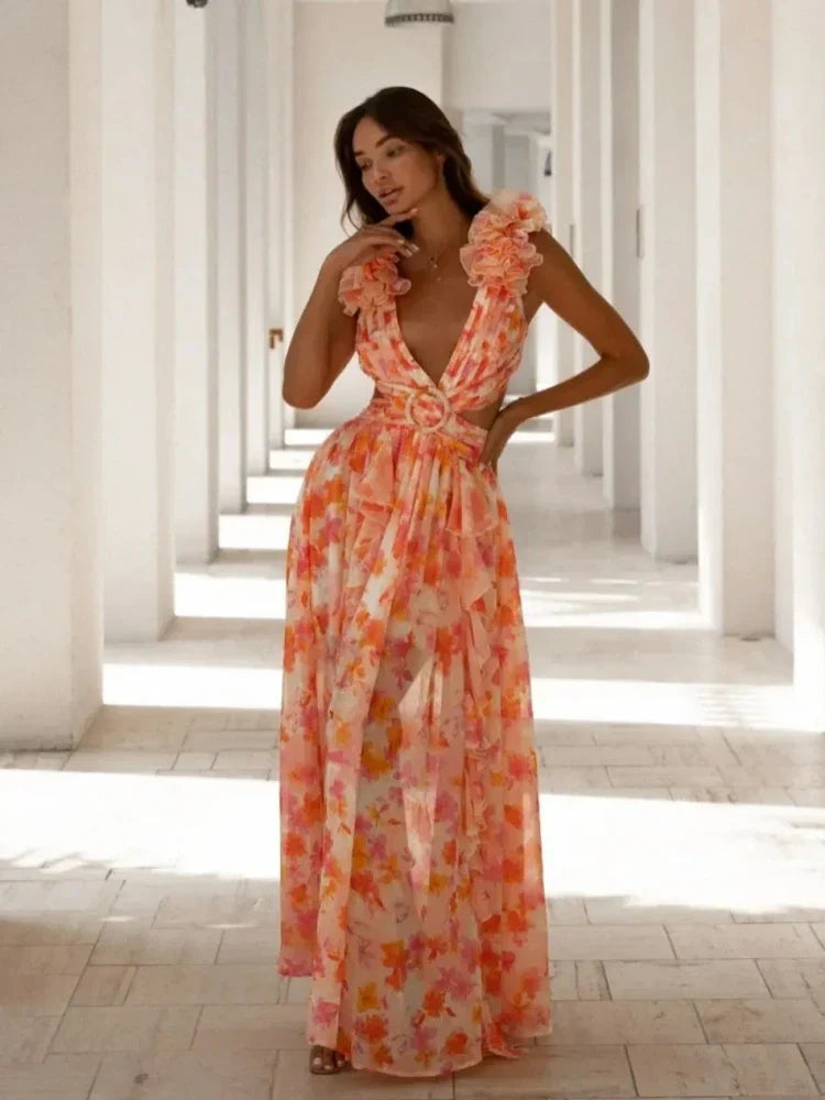 Aurora - Elegant Backless Ruffle Maxi Dress