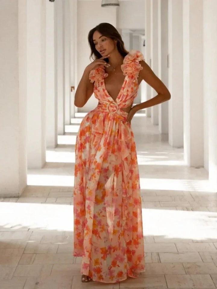 Aurora - Elegant Backless Ruffle Maxi Dress