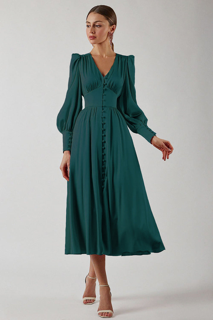Arya | Women's V-Neck Button-Up Midi Dress